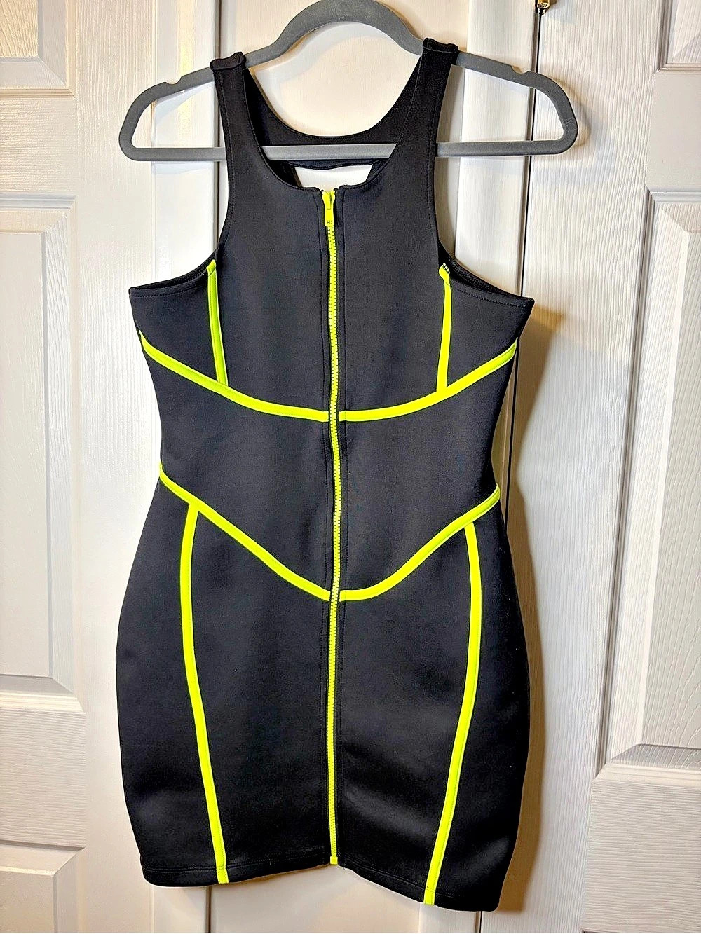 DIVIDED H&M Black Neon Yellow Trim Bodycon Mini Dress Full Front Zip US 10
